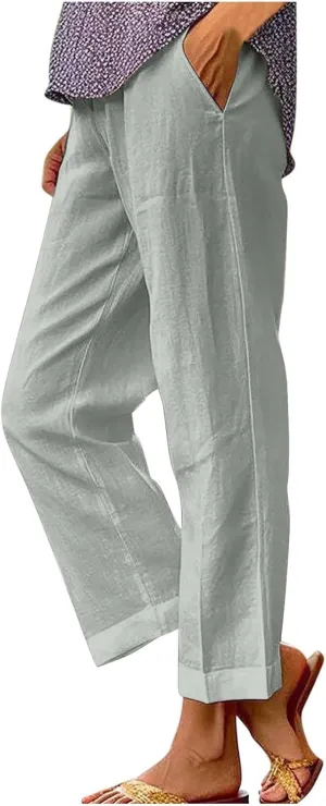 Womens Summer Vacation Pants Straight Wide Leg Cotton Linen Trousers Lightweight Clothing with Pockets