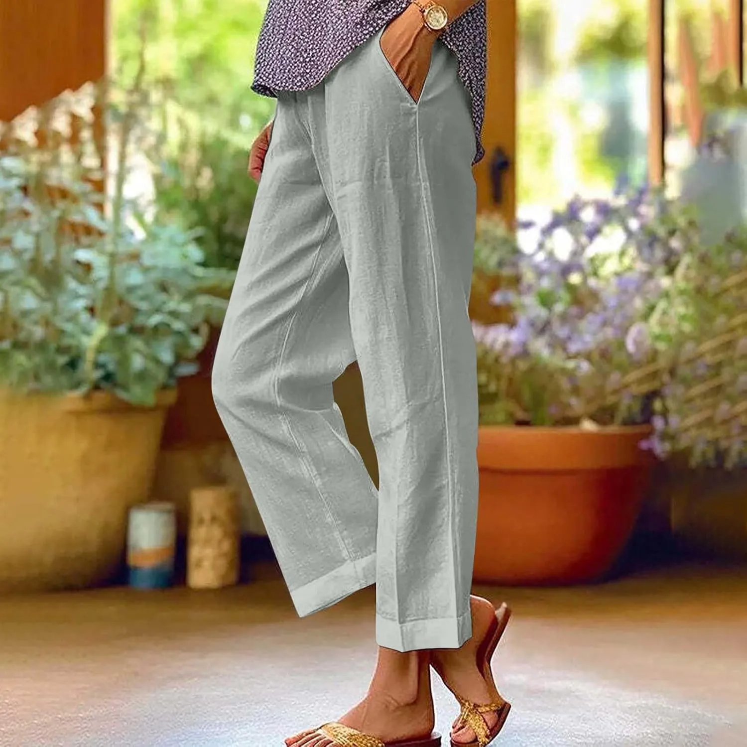 Womens Summer Vacation Pants Straight Wide Leg Cotton Linen Trousers Lightweight Clothing with Pockets