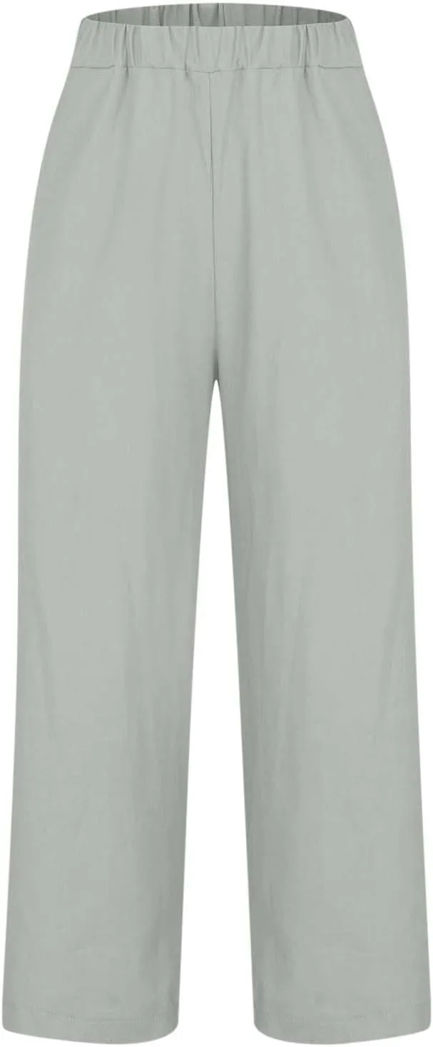 Womens Summer Vacation Pants Straight Wide Leg Cotton Linen Trousers Lightweight Clothing with Pockets