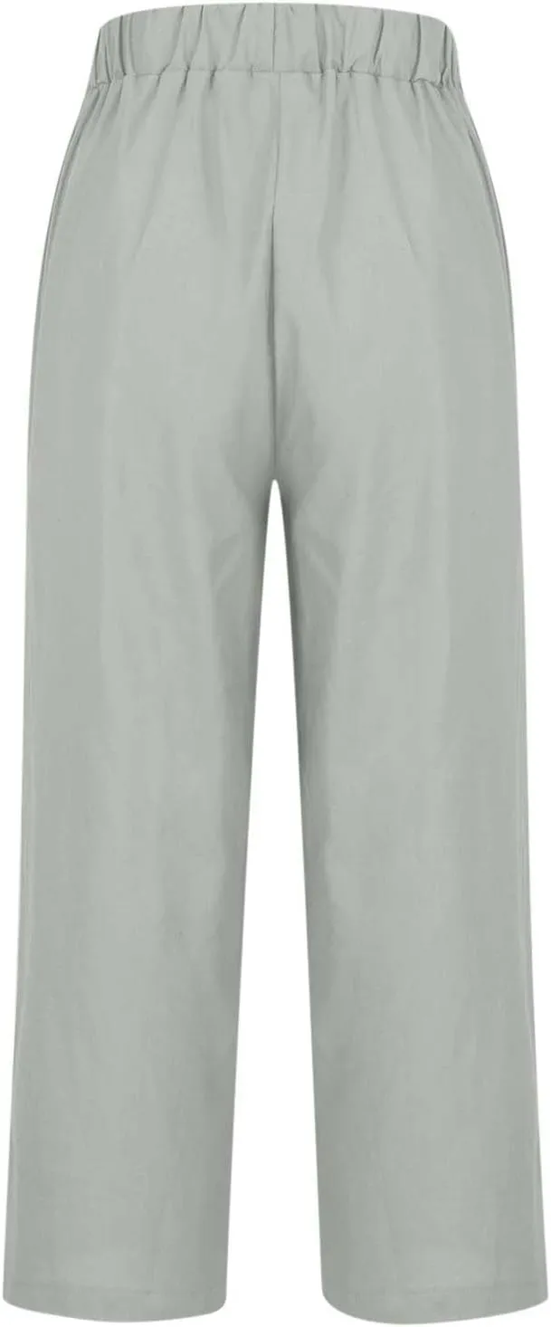 Womens Summer Vacation Pants Straight Wide Leg Cotton Linen Trousers Lightweight Clothing with Pockets