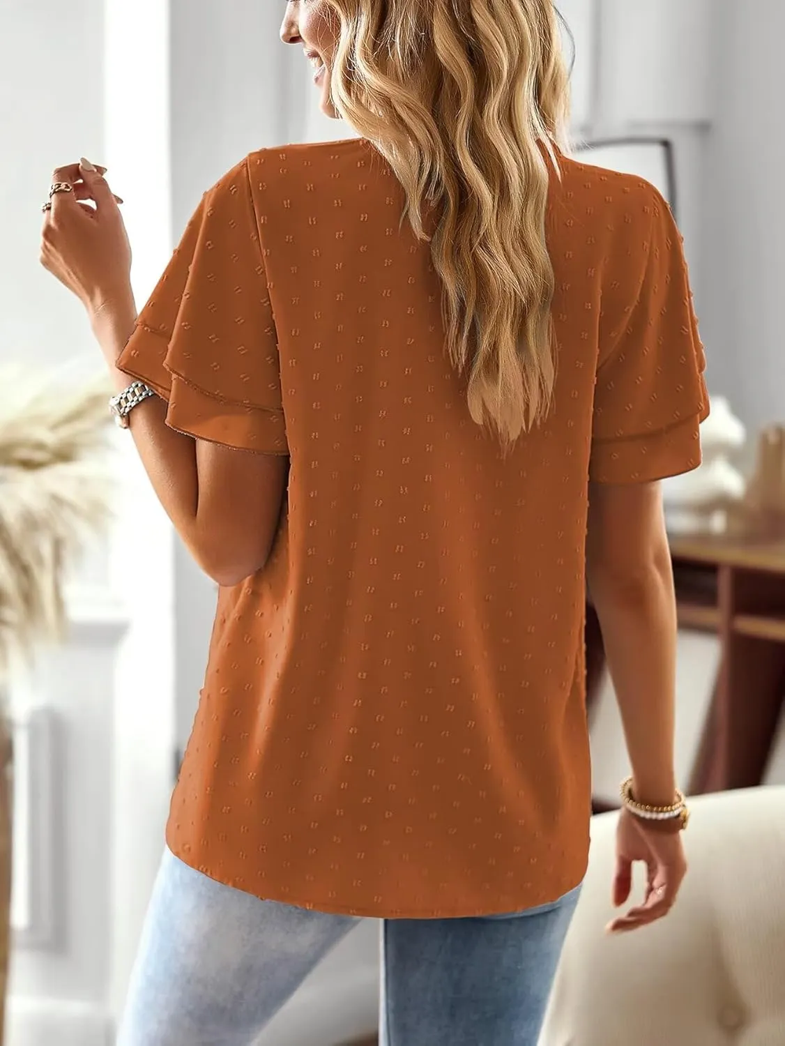 Womens Tops Butterfly Sleeve V Neck Blouses for Women Dressy Casual Flowy Swiss Dot Ruffle Short Sleeve Shirts