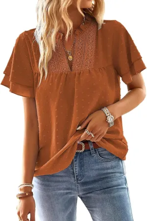 Womens Tops Butterfly Sleeve V Neck Blouses for Women Dressy Casual Flowy Swiss Dot Ruffle Short Sleeve Shirts