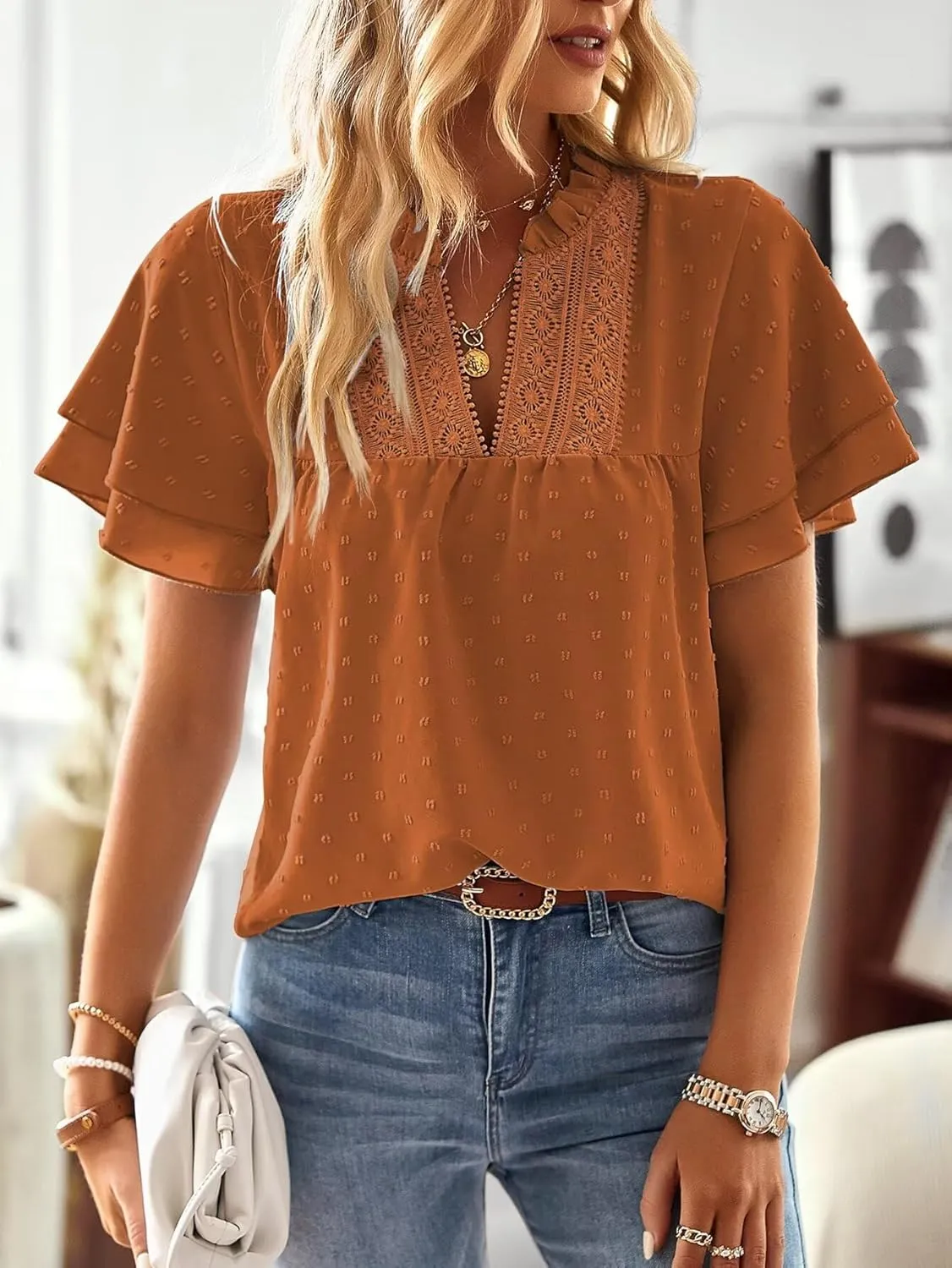 Womens Tops Butterfly Sleeve V Neck Blouses for Women Dressy Casual Flowy Swiss Dot Ruffle Short Sleeve Shirts