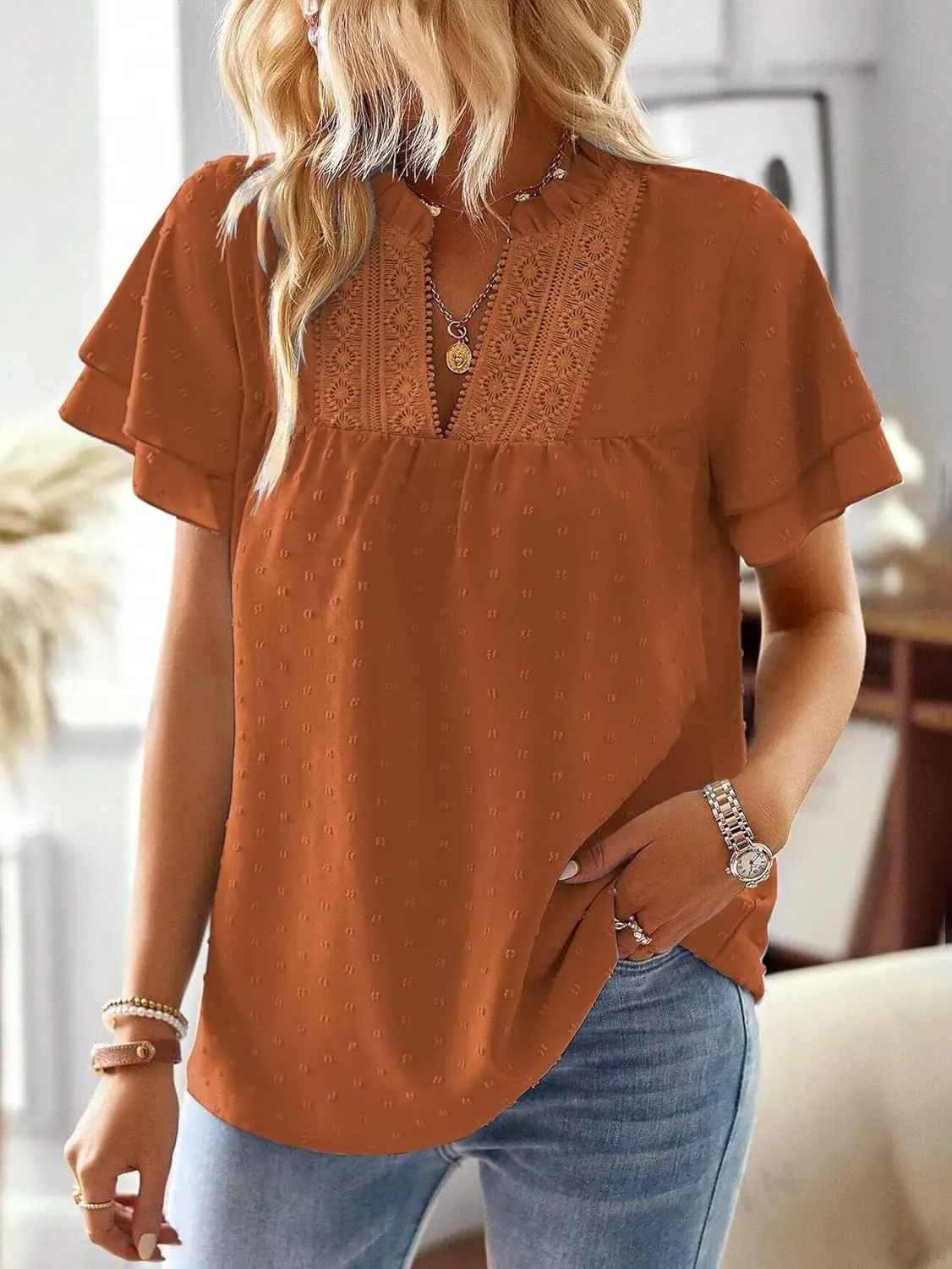 Womens Tops Butterfly Sleeve V Neck Blouses for Women Dressy Casual Flowy Swiss Dot Ruffle Short Sleeve Shirts