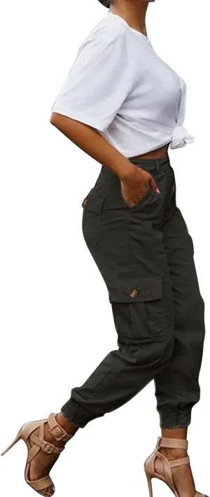 ZYXTIM Women's High Waist Casual Capri Cargo Pants Elastic Waisted Ankle Length Cropped Tapered Fatigue Trousers